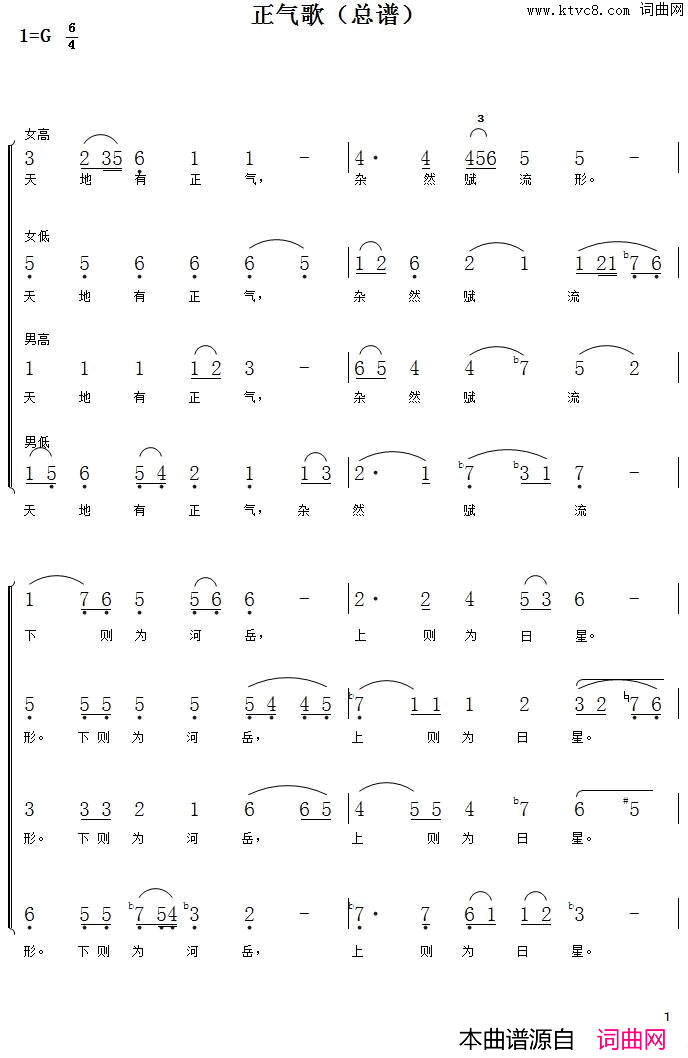 1、正气歌合唱总谱及分谱简谱-1