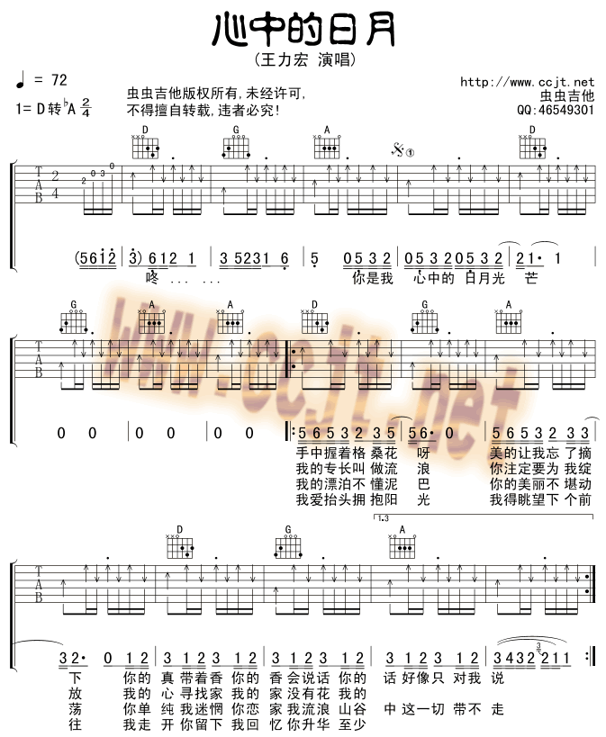 心中的日月吉他谱D调