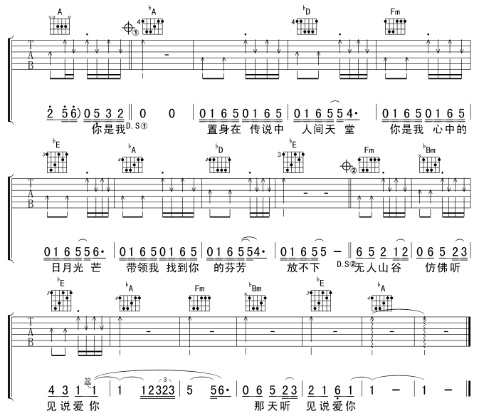 心中的日月吉他谱D调