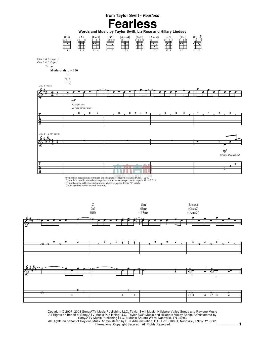 fearless吉他谱-1