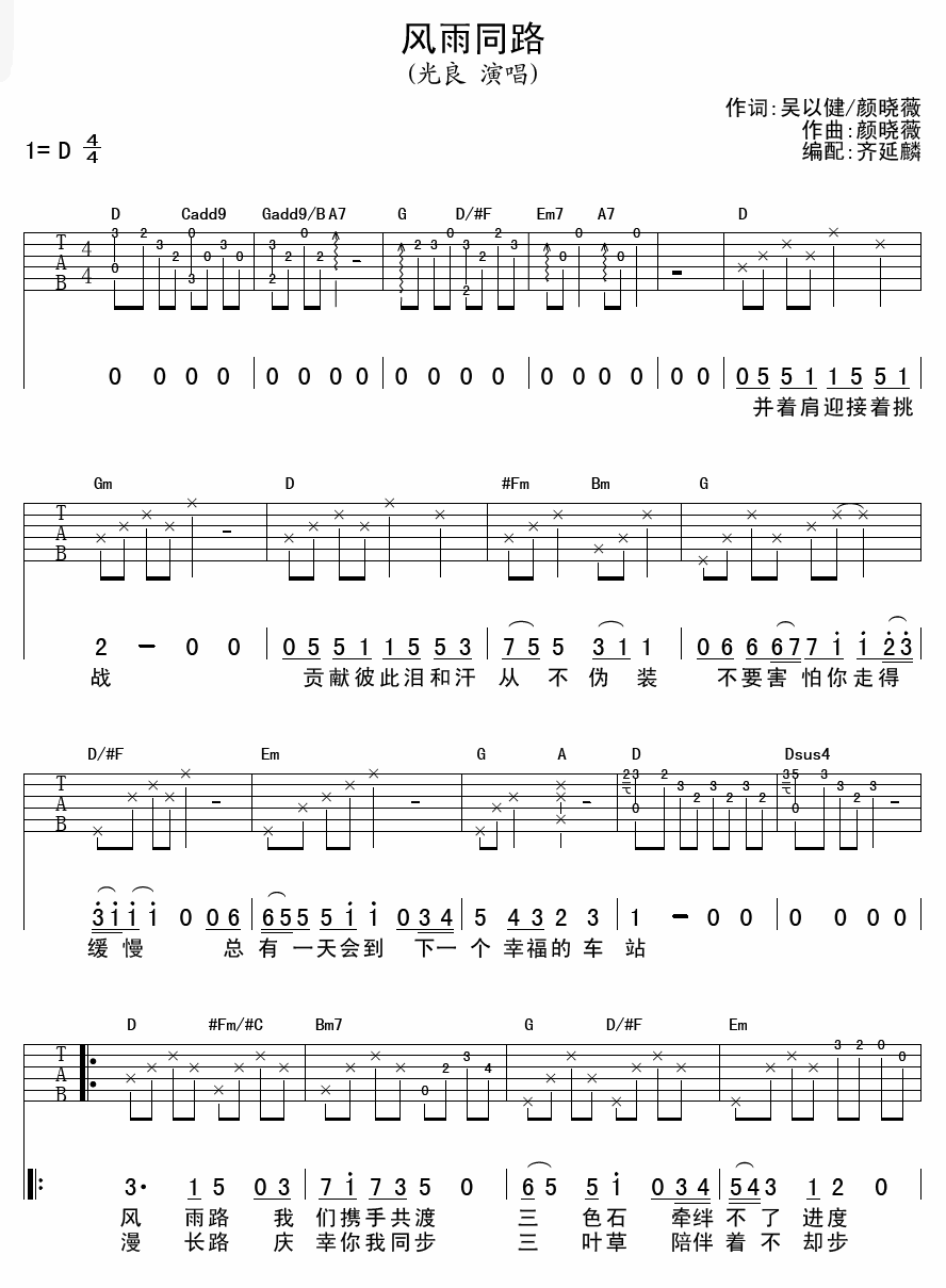 风雨同路吉他谱D调