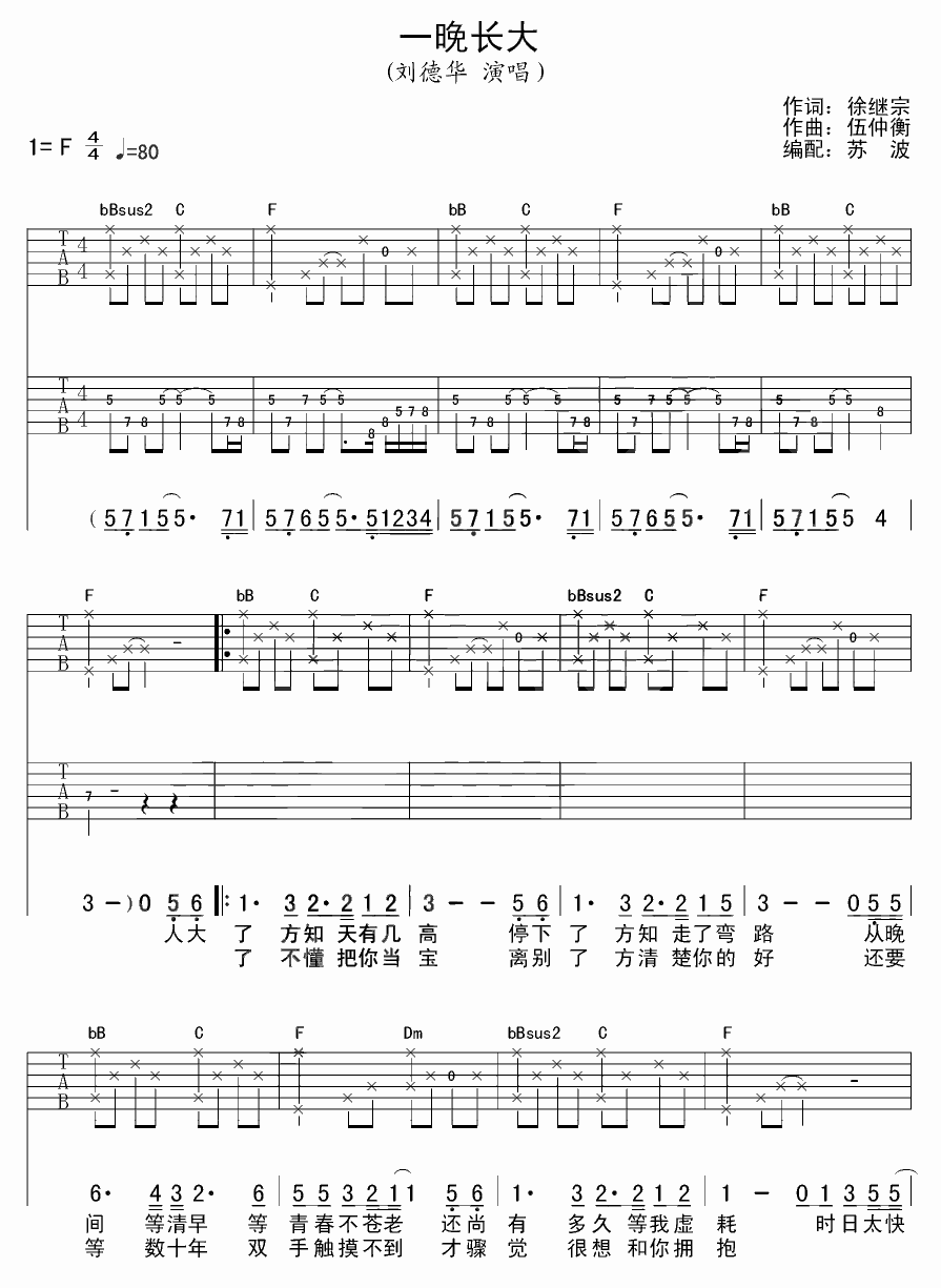 一晚长大吉他谱-1