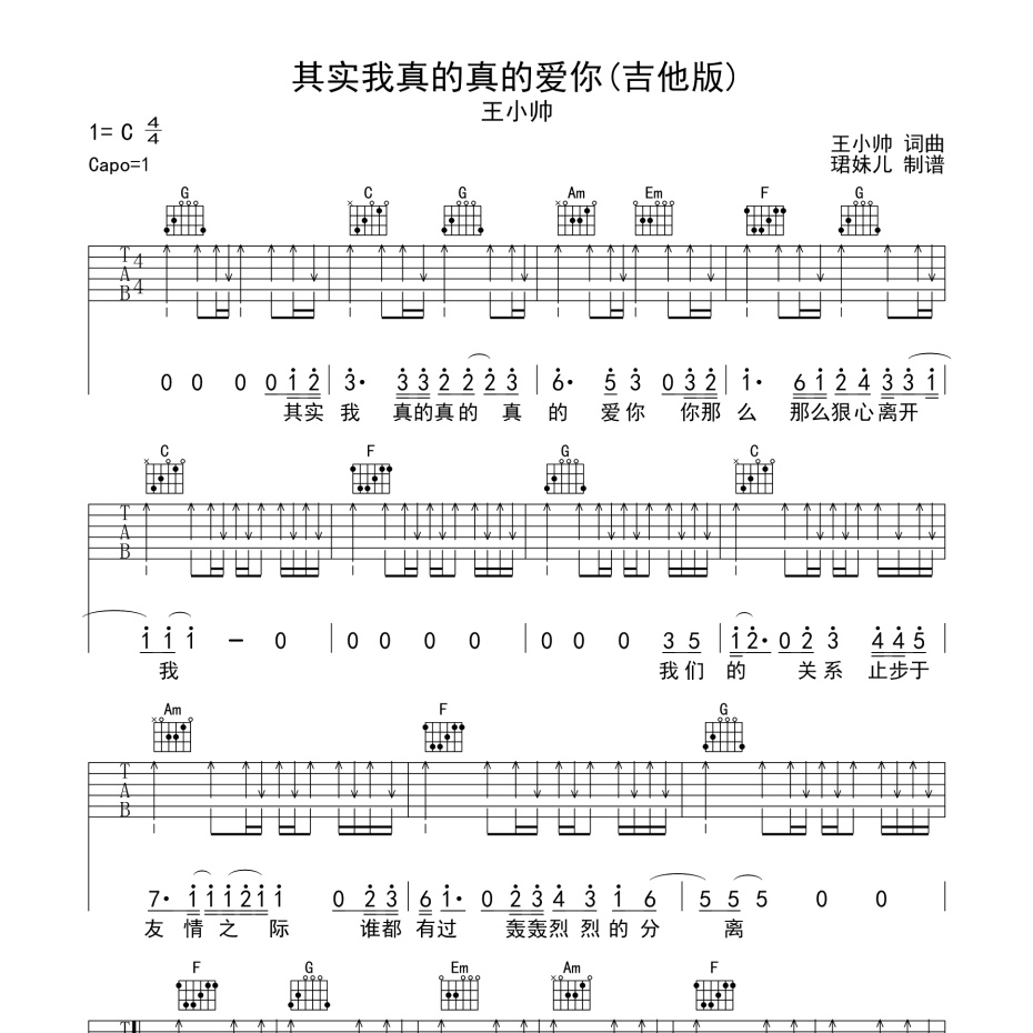 其实我真的真的爱你吉他谱