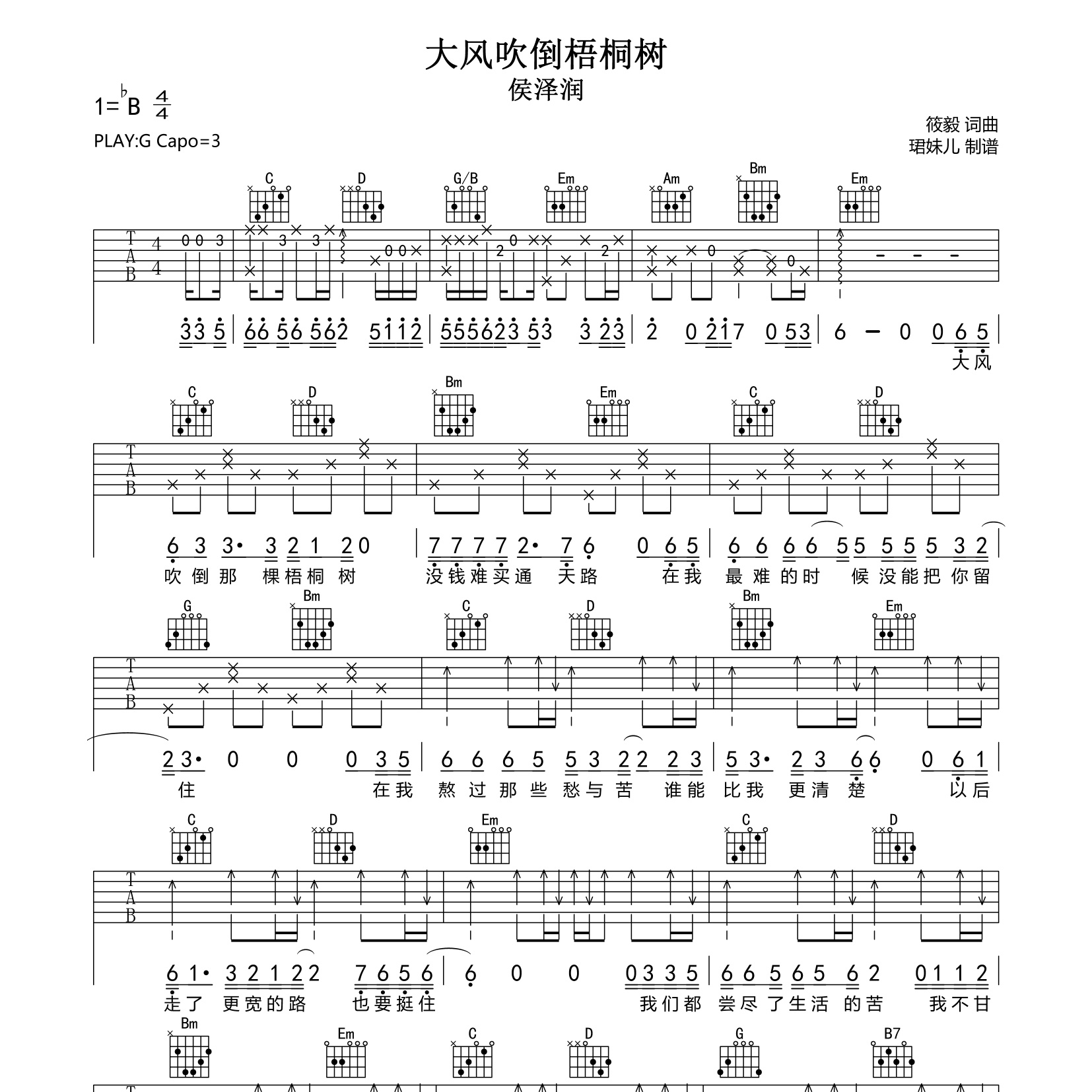 大风吹倒梧桐树吉他谱