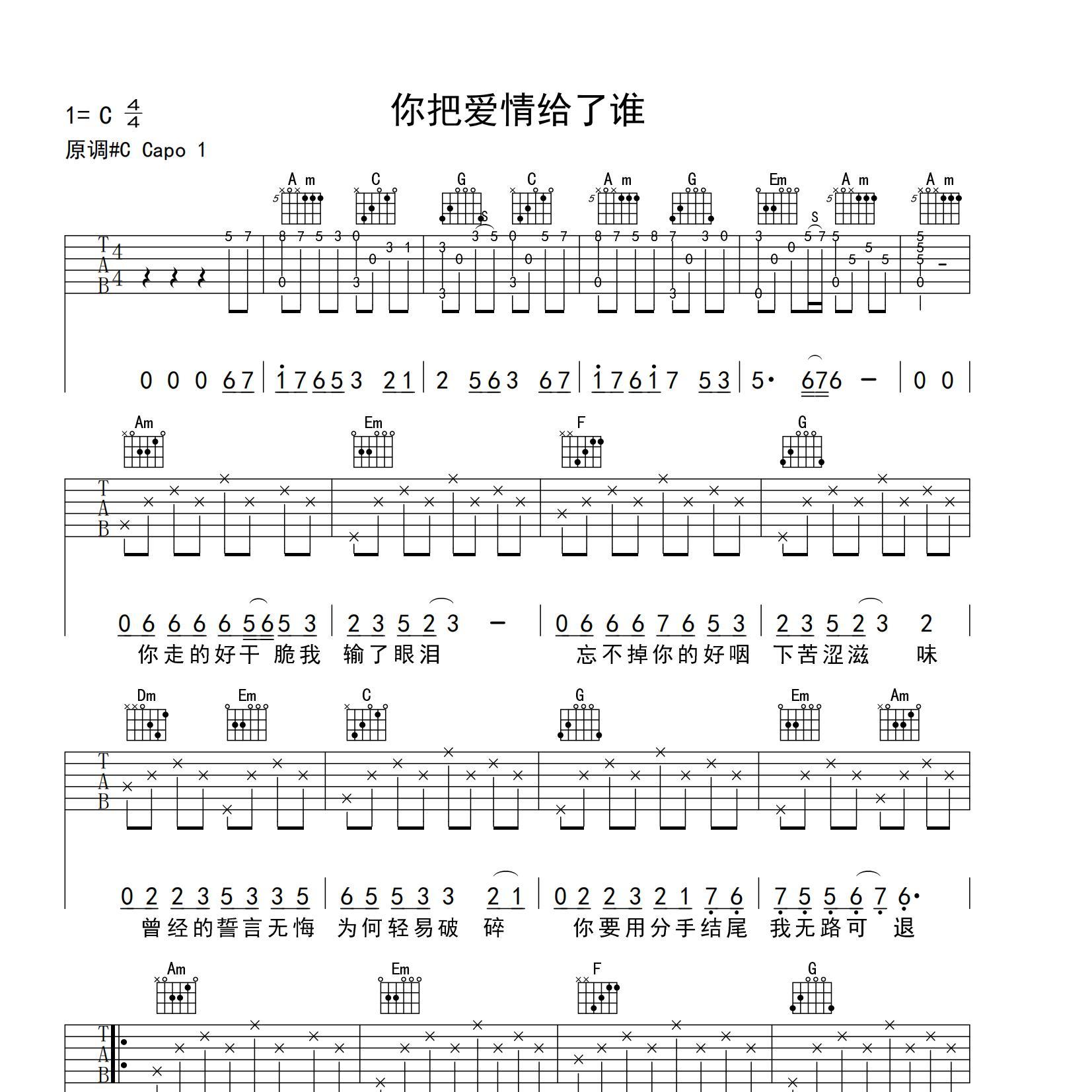 你把爱情给了谁柯柯柯啊版本吉他谱