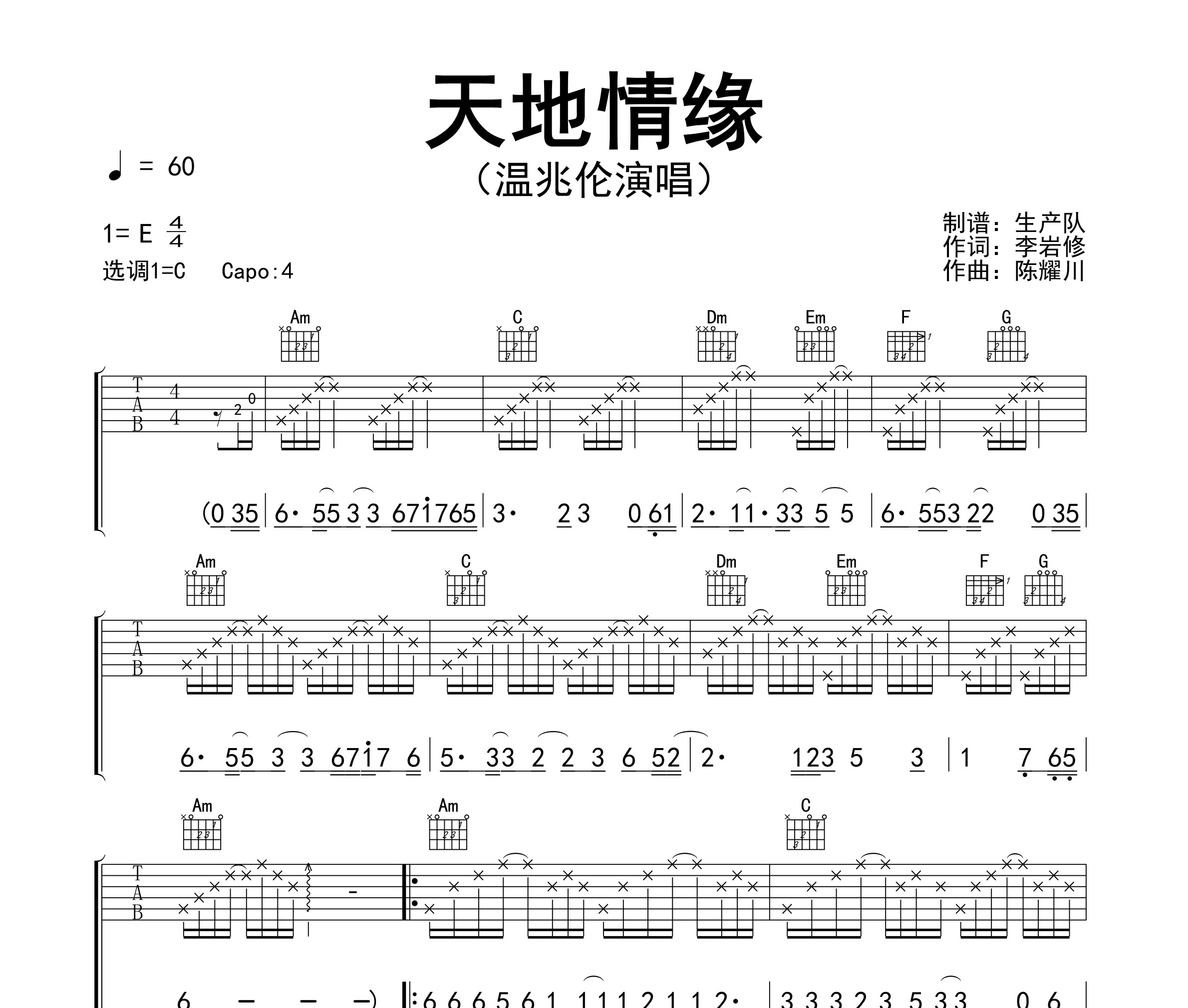 天地情缘吉他谱