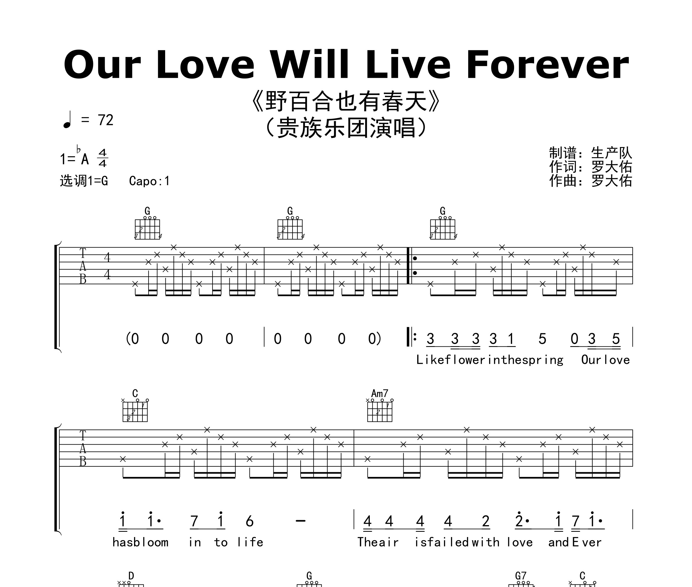 Our Love Will Live Forever(野百合也有春天)吉他谱